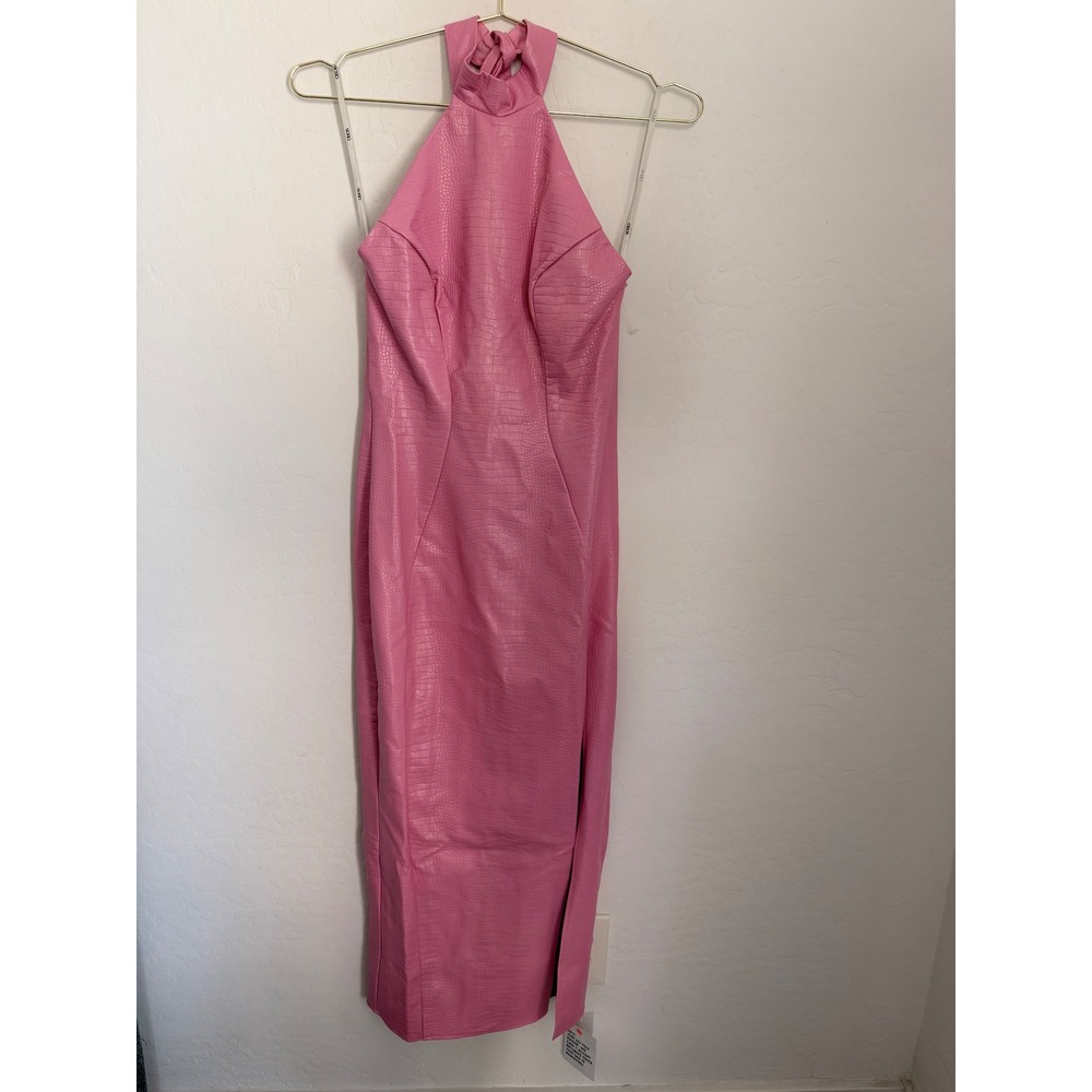 ASOS Design Pink Croc Embossed Faux Leather Halter Midi Bodycon Dress Size 4